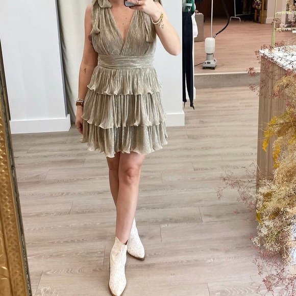 mable Dresses & Skirts - Mable Gold Sparkle Tie Strap Tiered Mini Dress